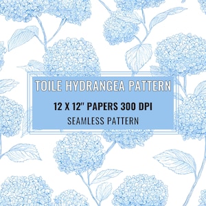 May include: A seamless pattern of blue line-art hydrangea flowers on a white background. A central rectangular box contains the text: TOILE HYDRANGEA PATTERN, 12 X 12" PAPERS 300 DPI, SEAMLESS PATTERN. The design features detailed botanical illustrations.