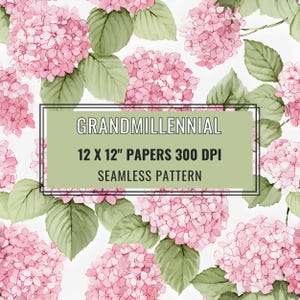 Seamless Pink Hydrangeas Pattern | Grandmillennial, Floral, Granny Chic Digital Paper (12x12")
