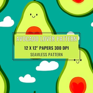 Seamless Avocado Pattern, Happy Kawaii Fruit & Vegetable Digital Paper, Custom Foodie Gift Wrap, Party Décor, Vegan Fabric Design [12x12"]