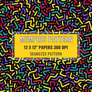 May include: A seamless Memphis pattern design on a black background. The design features colorful, abstract shapes in yellow, red, green, and purple. The image includes text that reads "MEMPHIS PATTERN 12 X 12" PAPERS 300 DPI SEAMLESS PATTERN".