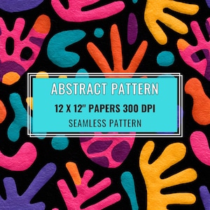 Può includere: Design a motivo astratto con forme organiche colorate in rosa, arancione, giallo, blu e viola su sfondo nero. Il testo recita "ABSTRACT PATTERN 12 X 12" PAPERS 300 DPI SEAMLESS PATTERN".