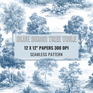 Seamless Woodland Toile De Jouy Pattern, Grandmillennial Birch Tree Digital Paper, Granny Chic Blue & White Landscape Line Art [12x12"]
