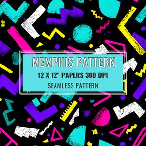 Op de afbeelding: Een zwart patroon met een Memphis-stijl van heldere geometrische vormen. Turquoise cirkels, roze driehoeken, gele zigzags en paarse pijlen zijn te zien. De tekst op een turquoise rechthoek luidt: "MEMPHIS PATTERN 30,5 x 30,5 cm PAPIEREN 300 DPI NAADLOOS PATROON."
