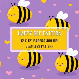 Seamless Bumblebee Pattern, Cute Kawaii Bee Hearts Digital Paper, Cheerful Purple & Yellow Gift Wrap, Party Décor, Fabric Design [12x12"]