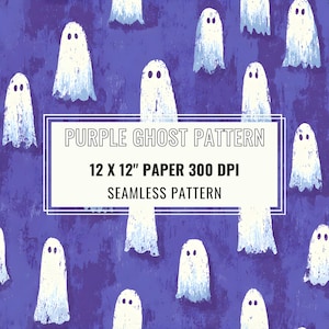 May include: A seamless pattern featuring white ghosts with dark eyes on a textured purple background. A white rectangular frame contains the text: PURPLE GHOST PATTERN, 12 X 12" PAPER 300 DPI, SEAMLESS PATTERN. The ghosts have a hand-painted appearance.