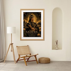 May include: A framed wall art print featuring a portrait of a figure in ornate traditional attire and a crown, with the text SADEWA THE ENLIGHTENED PRINCE. The artwork uses a dark color palette with gold accents, depicting a regal character.