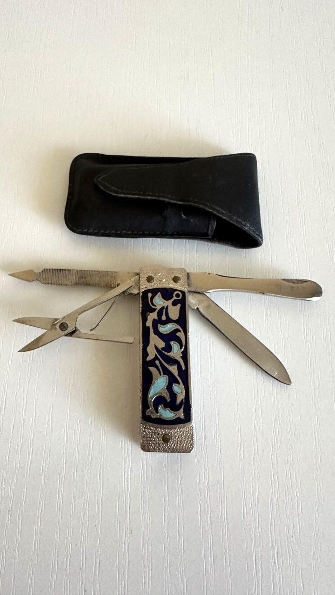 Vintage Soviet Folding Manicure Set With Blue Floral Enamel, 1970s