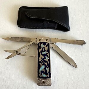 Vintage Soviet Folding Manicure Set with Blue Floral Enamel, 1970s USSR Pocket Multi-tool