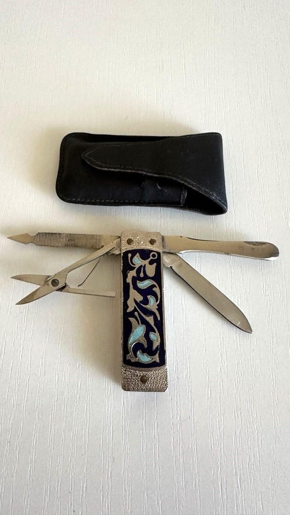 Vintage Soviet Folding Manicure Set With Blue Floral Enamel, 1970s