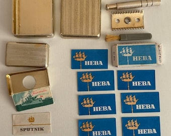 Rote Vintage Rasierhobel Set mit Neva & Sputnik Klingen
