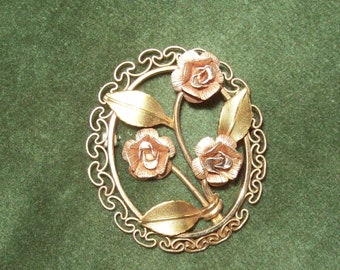KREMENTZ signed Roses bouquet floral pin retro vintage costume jewelry booch heavy gold plate