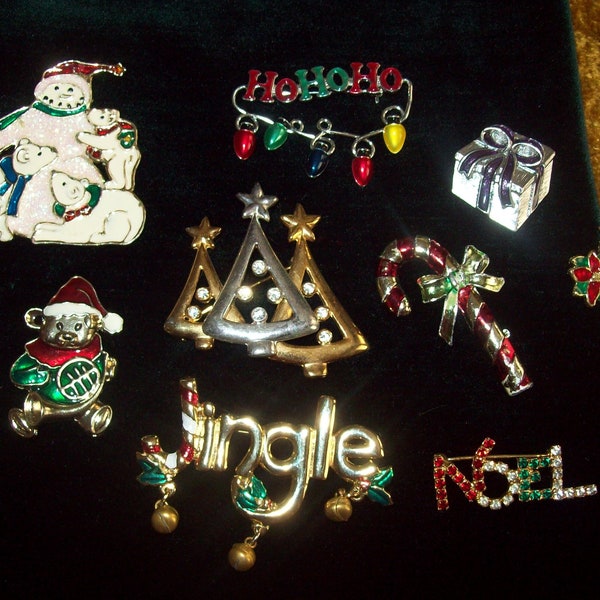 Choice of Retro Vintage Christmas Jewelry Holiday Pins:  Santa, Bows, Jingle Bells, Angel, Trees, Snowflake, rhinestones and more