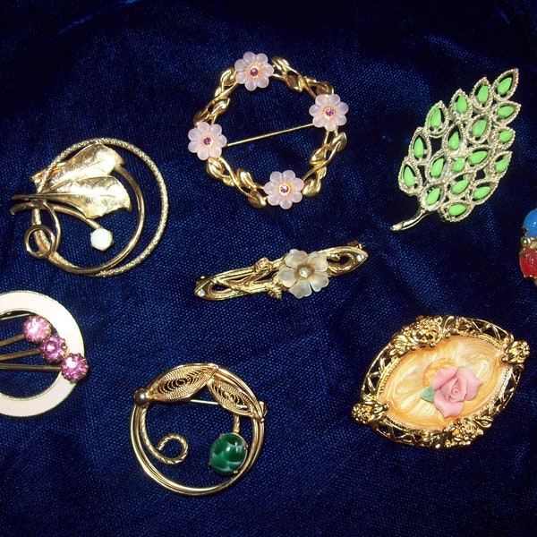 CHOICE Retro Vintage Costume Jewelry Flower Power Figural Brooches: pink florals, enamel rhinestones openwork green stone multicolor GERRY's