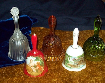 CHOICE Decorative bells: FENTON Marigold , frosted satin glass, porcelain, very vintage Currier & Ives, romantic red green nice ring to each