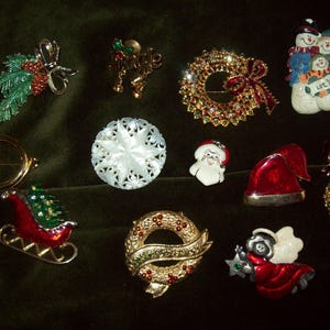 Choice of Retro Vintage Christmas Jewelry Holiday Brooch Figural Pins:  Snowman, Wreath, Santa, Sleigh, Horn, Ornament, rhinestones and more