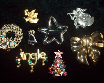 Choice of Retro Vintage Christmas Jewelry Holiday Pins:  Jingle Bells, Angel, Trees, Star, Avon signed bell, rhinestones resin and more