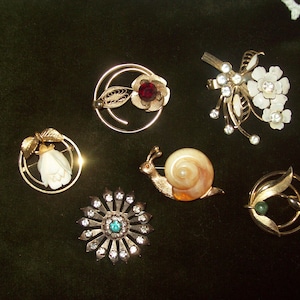 CHOICE Retro Vintage Costume Jewelry Floral Garden Figural Brooches: FULLER signed snail, 12  & 14 KGF, enamel, rhinestones,  round pin
