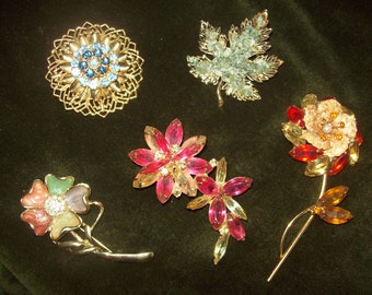 CHOICE Retro Vintage Costume Jewelry Flower Garden Figural Brooches: multi pearly enamel, blue rhinestones, orange yellow pink marquis pin