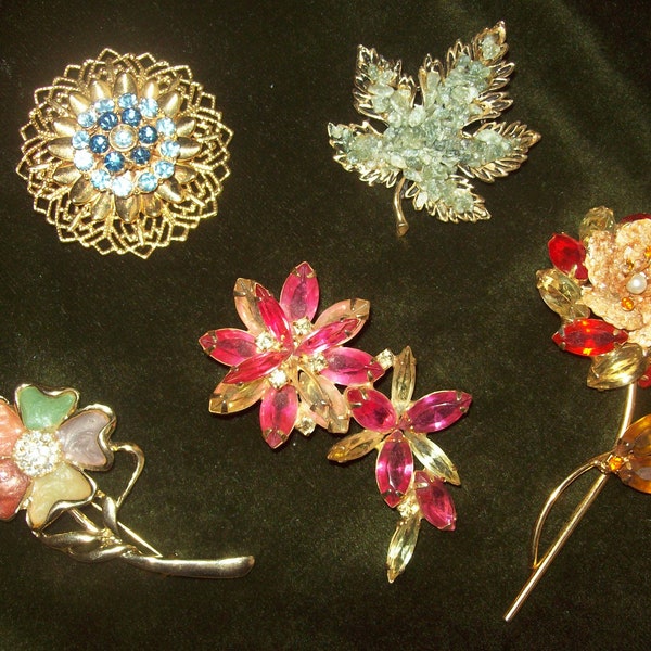CHOICE Retro Vintage Costume Jewelry Flower Garden Figural Brooches: multi pearly enamel, blue rhinestones, orange yellow pink marquis pin