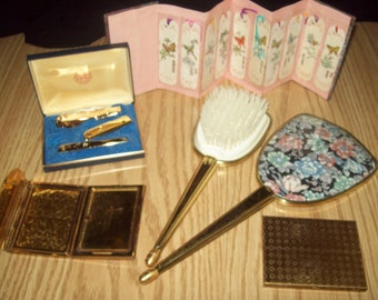 CHOICE Vintage Vanity and Personal Care items: Fancy Floral Brush & Mirror, Compact,   Bicentennial Manicure Set, Bookmarks, Cigarette Case