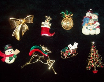 Choice of Retro Vintage Christmas Jewelry Holiday Brooch Figural Pins:  Snowman, Bow, Sleigh, Tree, Reindeer, ornament, rhinestones and more