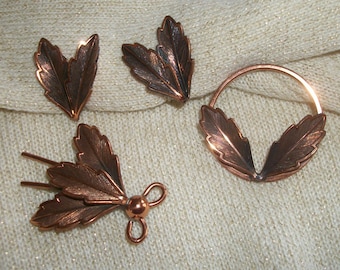 Lot (3) BELL signed Copper retro vintage brooches earrings: flying insect brooch, coordinating leaves clip earrings, circle brooch pin