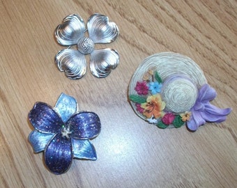 CHOICE Floral Figural Pins:  GIOVANNI signed silverplated Flower brooch, Purple Lily, Spring Sunbonnet Hat w flowers