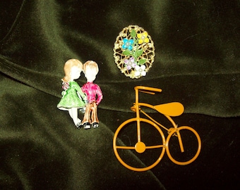 CHOICE Retro Vintage Costume Jewelry Enamel Figural Brooches: Spring Floral, GERRY's boy and girl, rare orange bike