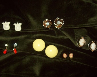 CHOICE Retro vintage earrings costume jewelry: Cameo, CORO, AVON, flower, orange drop screw on, clip on, pierced banana yellow lucite button