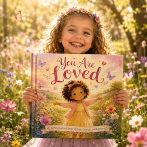 Peut inclure: Un livre pour enfants à couverture rigide intitulé You Are Loved, présentant une illustration fantaisiste d'un jeune enfant en robe jaune au milieu d'un champ de fleurs colorées et de papillons, avec le sous-titre A Personalized Story of Love, Courage, and Kindness.