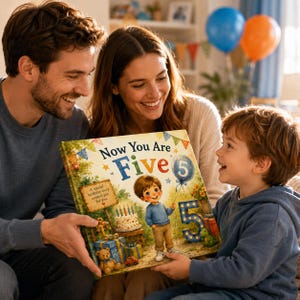 May include: A hardback book titled Now You Are Five featuring a colourful illustration of a child, a birthday cake with candles, a teddy bear, and a large number five balloon. The cover text reads Now You Are Five and A special birthday story created just for you.