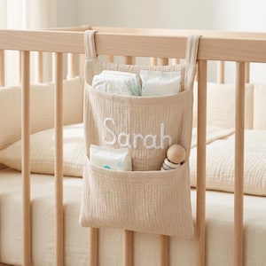 Custom Soft Cotton Nursery Crib Organizer Bag | Baby Diaper Storage Hanging Pocket | Pastel Nursery Decor | 8.2×18.5inch