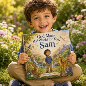 May include: A hardcover children's book titled God Made the World for You, Sam. The cover features a colorful illustration of a young boy standing in a lush landscape with a rabbit, a deer, mountains, and a waterfall, with the text A Personalized Story.