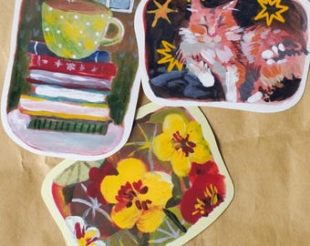 Cozy Stickers | Hand-Painted design | Flowers, Snoozing cat, Books