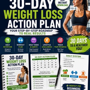 Può includere: Grafica promozionale per un piano d'azione di perdita di peso di 30 giorni. Il design include testo, icone e immagini di una donna, un calendario e una lista di controllo. Il piano si concentra su nutrizione quotidiana, allenamenti, abitudini e sfide di stile di vita.