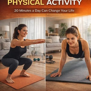 Könnte beinhalten: Bild zur Werbung für ein Gewichtsabnahmeprogramm. Der Titel lautet „ROUTINE & PHYSICAL ACTIVITY“ mit dem Slogan „20 Minuten am Tag können Ihr Leben verändern“. Das Bild zeigt zwei Frauen beim Training. Der Text unten hebt das Training mit dem eigenen Körpergewicht, ein 4-Wochen-Programm und eine einfache Routine hervor.