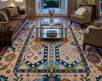 Boho Geometric Area Rug, Pastel Tribal Kilim Rug, Bedroom Carpet, Floral Border Living Room Rug, Statement Floor Decor