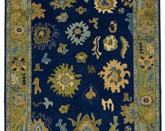 Handmade Oushak Style Blue Green Floral Area Rug | Traditional Vintage Inspired Wool Carpet