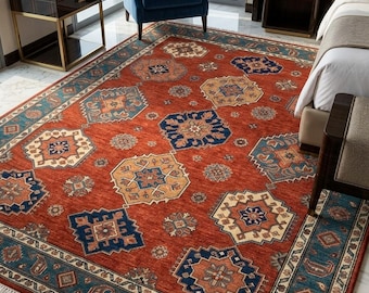 Hand Knotted Kazak Tribal Area Rug – Rust Red & Teal Geometric Wool Carpet