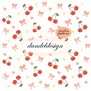 May include: A seamless pattern featuring red cherries with green leaves, light pink bows, small pink hearts, and yellow four-pointed stars on a white background. The text "simless pattern" and "dandeldesign" are centered in the image.
