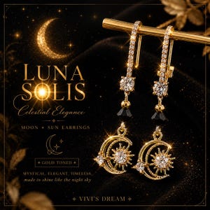Könnte beinhalten: Goldfarbene Ohrringe mit himmlischem Design. Die Ohrringe zeigen ein Motiv aus Mond und Sonne, verziert mit funkelnden Kristallen. Das Bild enthält den Text "LUNA SOLIS" und "Celestial Elegance."