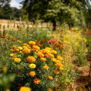 May include: A colourful garden scene with a mass of orange marigold flowers in full bloom. The foreground is filled with bright, spherical marigolds, with other colourful flowers and greenery in the background. A sunny, natural setting.