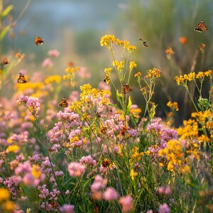 May include: A vibrant field of wildflowers in shades of yellow, pink, and orange, with several orange and black butterflies fluttering among the blooms. The scene is bathed in soft sunlight, creating a warm and inviting atmosphere.