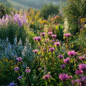 May include: A vibrant garden scene filled with a variety of colorful wildflowers. Purple, yellow, and white blooms are interspersed among green foliage. The sunlight creates a soft, natural glow, highlighting the textures and details of the plants.