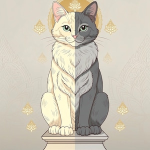 May include: Digital illustration of a cat, split vertically with cream and grey halves. The cat sits on a white pedestal, with a gold halo and lotus flower accents in the background. The cat has green eyes and a calm expression.