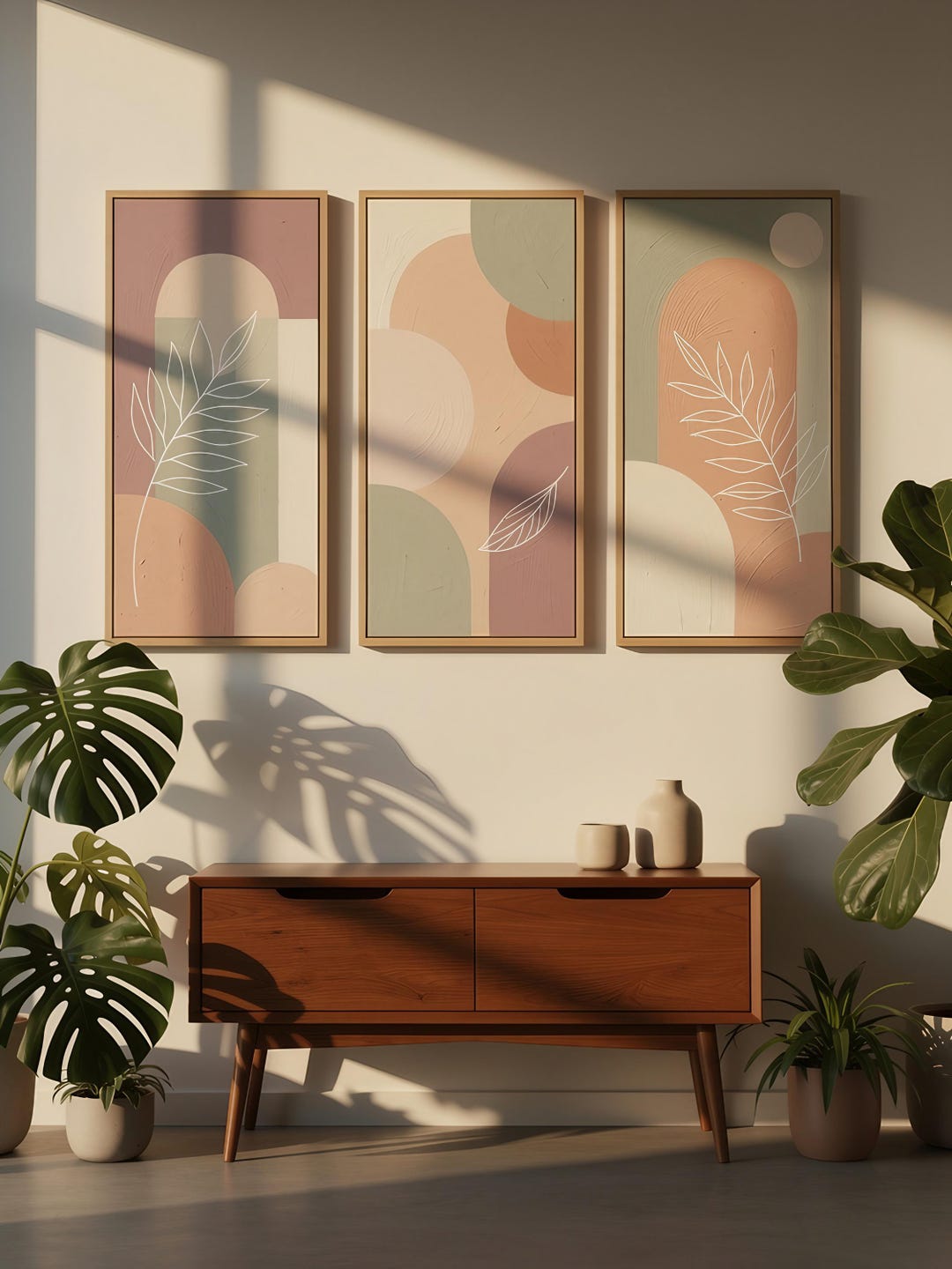 Boho Abstract Botanical Wall Art Print Set of 3, Mid Century Modern ...