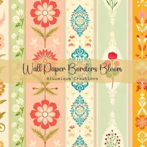 May include: A digital design featuring vertical wallpaper borders with floral and ornamental patterns. The borders showcase a variety of colors, including coral, teal, and gold, with the text "Wall Paper Borders Bloom" and "Bluumique Creations".