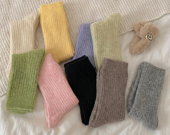 Thick Wool Cashmere  Socks | Cozy Winter Knit Crew Socks | Warm Thermal Boot Socks for Women | Soft Pastel Lounge Socks | Gift for Her
