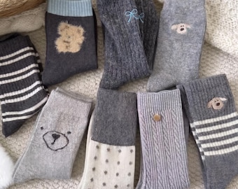 Women's Wool Blend Crew Socks | Bear, Dog, Stripe, Cable Knit Designs