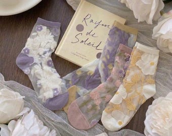 Meias florais transparentes | Meias femininas estilo fada em fio de seda cristal e vidro